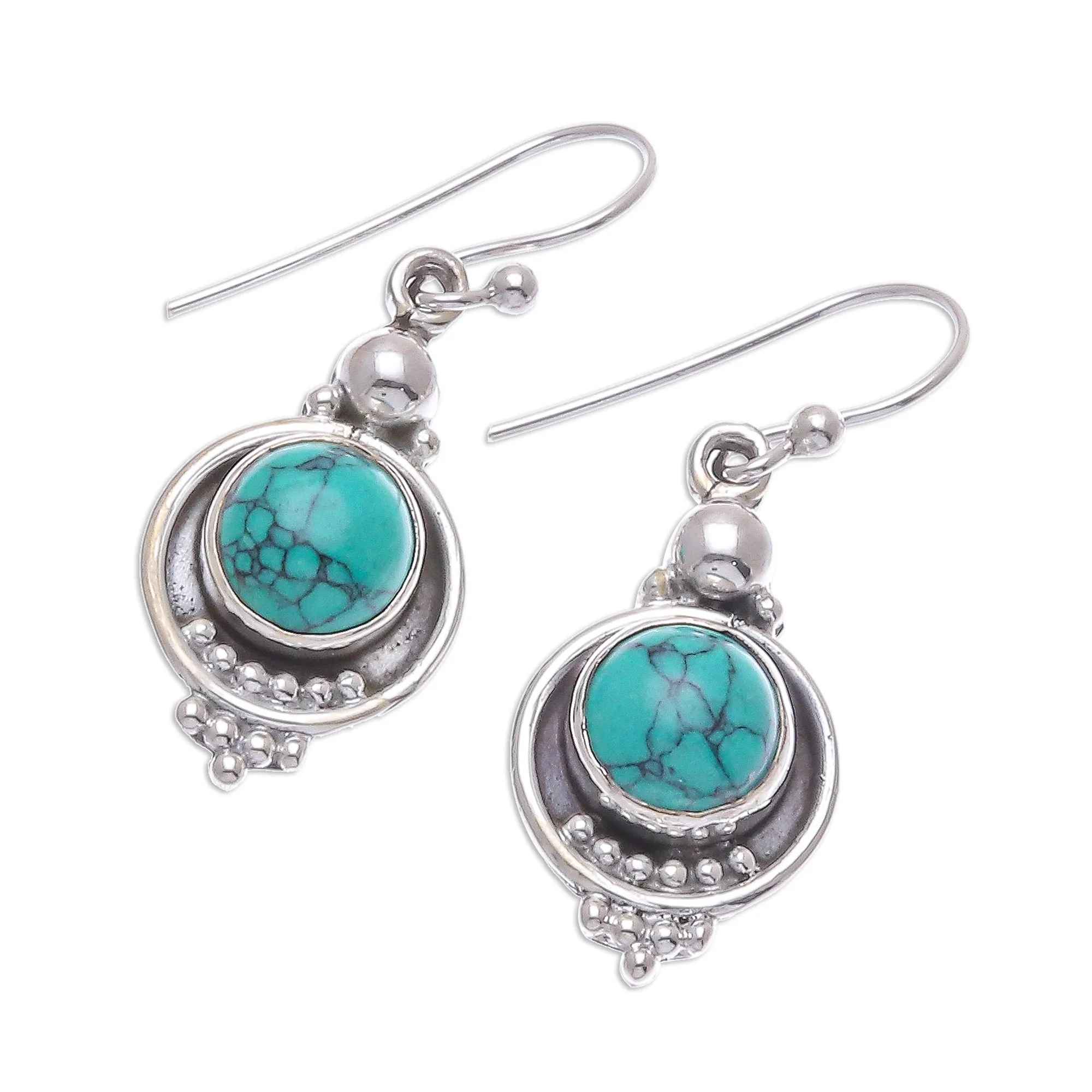 Reconstituted Turquoise Sterling Silver Dangle Earrings - Classic Moon | NOVICA